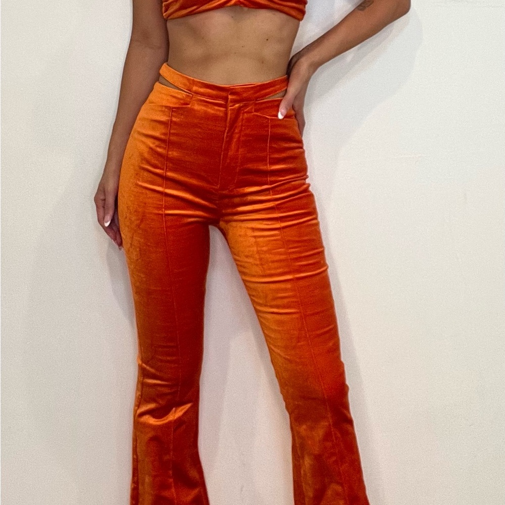 Orange Velvet Flare Pants Set